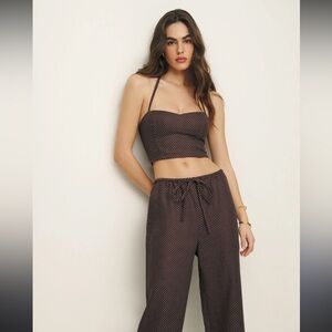 Reformation Chocolate and White Polka Dot Two-Piece Linen Set